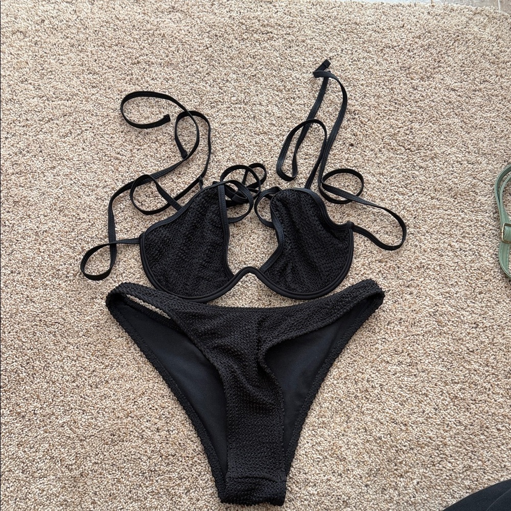 Black Textured Tie-Strap Bikini Set - Women's Swim